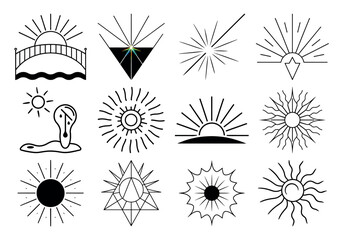 Obraz premium Line Icons for Sunrise and Sunlight: An Abstract Vector Set of Vintage Sun Symbols and Design Elements in Black and White