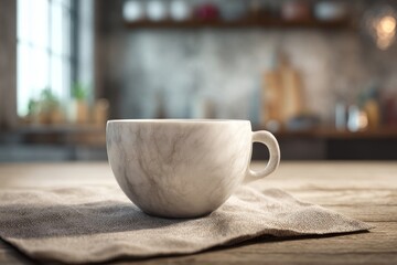 Stylish marble-patterned cup on a linen napkin.