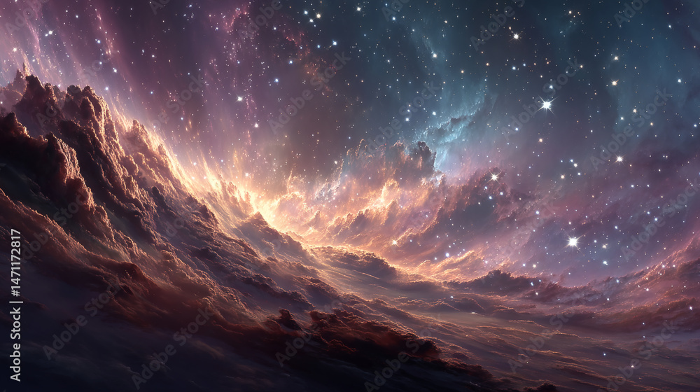 Poster cosmic nebula event with sparkling stars outer space digital art stunning universe viewpoint
