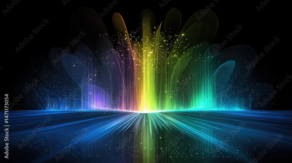 Poster vivid rainbow spectrum light burst with glowing particles, abstract digital energy background