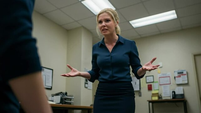Frustrated Caucasian Businesswoman in Corporate Office Expresses Anger While Confronting Employee During a Heated Discussion