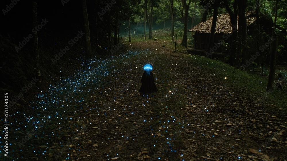 Poster dark forest path with glowing insects and a figure.