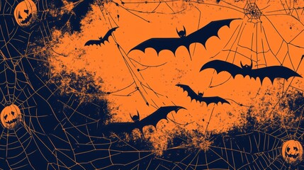Halloween themed background illustration with spiderwebs, bats, and carved pumpkins in orange and black, creating a spooky and festive design.