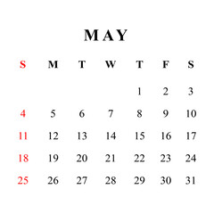 May 2025 Calendar png transparent background