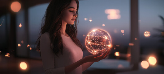 Naklejka premium Young woman holding glowing sphere, futuristic technology, serene evening, digital light