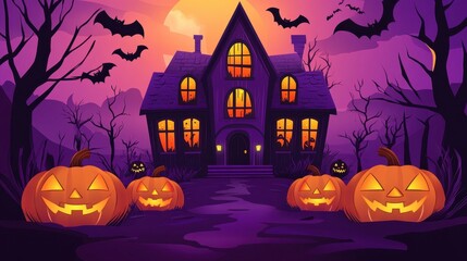 Halloween night illustration with spooky house, carved pumpkins, bats, trees, and full moon in the background. Festive autumn holiday scene in purple and orange tones.