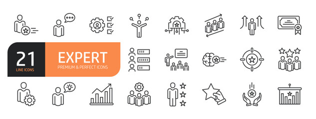 Set of line icons related to expert, competence, expertise, knowledge, skill, experience, advice and more. Outline icons collection. Editable stroke. Vector illustration.