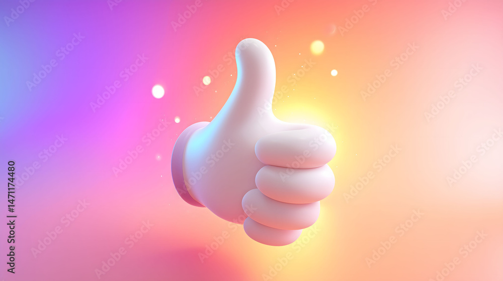 Poster a cartoon hand with cheerful glowing thumbs-up in 3d displayed over a colorful gradient background t