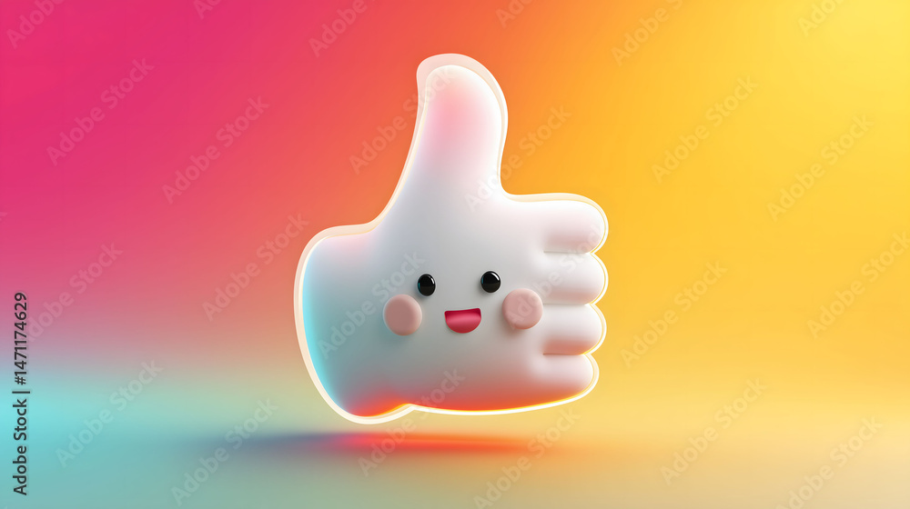 Poster a cheerful 3d cartoon hand with thumbs-up gesture glowing brightly on colorful gradient background c