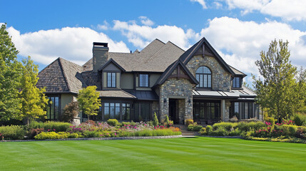 Fototapeta premium Beautiful Home With Green Grass Yard 