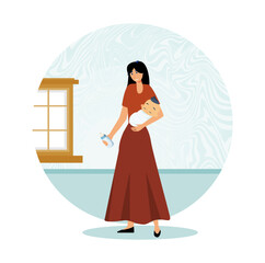 Family maternity paternity leave. Young Mother Holding Baby in Warmly Lit Interior with Bottle.