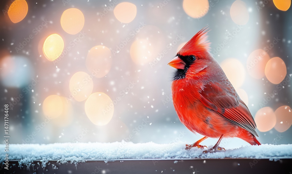 Poster vibrant red cardinal perched on snowy ledge with soft bokeh background