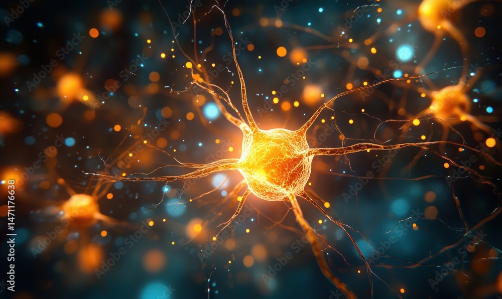 Poster neurons in synaptic connection with glowing axons and dendrites