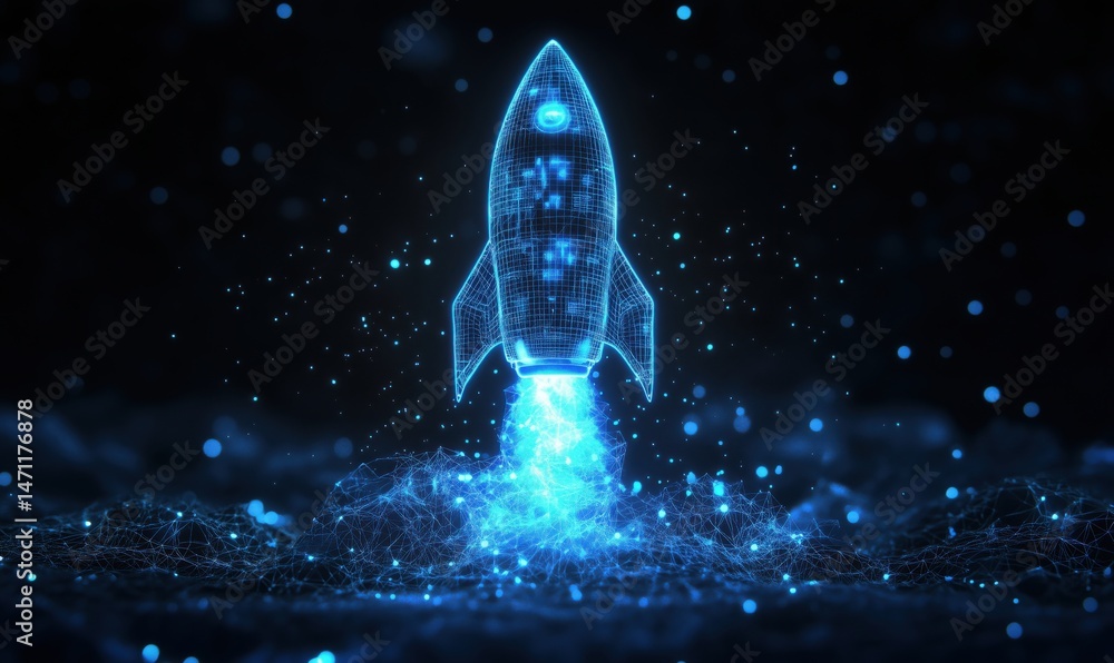 Poster futuristic blue rocket launch in digital space with glowing particles and network design
