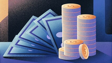 Stack of Paper Money with Coin Piles in Modern Financial Illustration