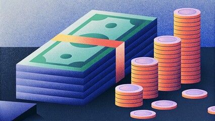 Stack of Paper Money with Coin Piles in Modern Financial Illustration