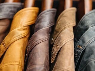 Close-up of assorted leather jackets hanging on a rack, showcasing various colors and textures.