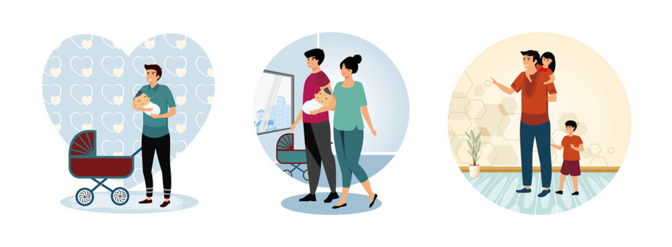 Take care of baby concept. Family maternity paternity leave.  Father with son and girl.