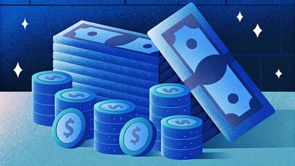 Stack of Paper Money with Coin Piles in Modern Financial Illustration