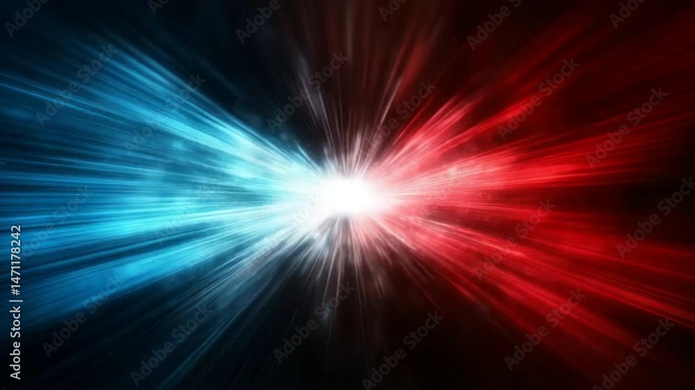Poster a dynamic burst of light in red and blue hues, creating an energetic and striking visual effect.