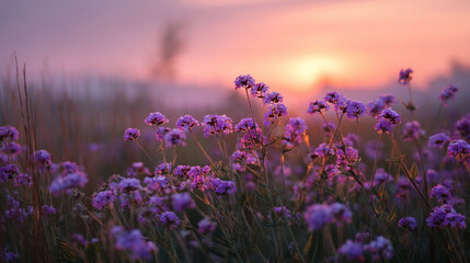 Obraz premium Purple verbena flower field at sunset beautiful nature landscape photography background image wallpaper stock photo