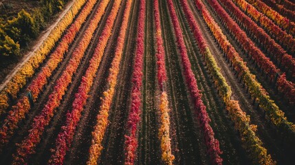 Aerial view of vineyard in autumn with colorful leaves in shades of red, orange and yellow. Rows of grapevines create a textured pattern in the landscape. Agriculture concept.