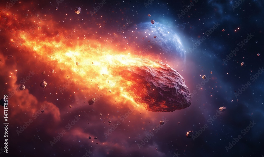 Poster fiery asteroid hurtling through space with cosmic background and distant planet