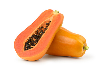 Ripe papaya with cut in half isolated on white background.