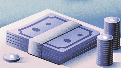 Stack of Paper Money with Coin Piles in Modern Financial Illustration