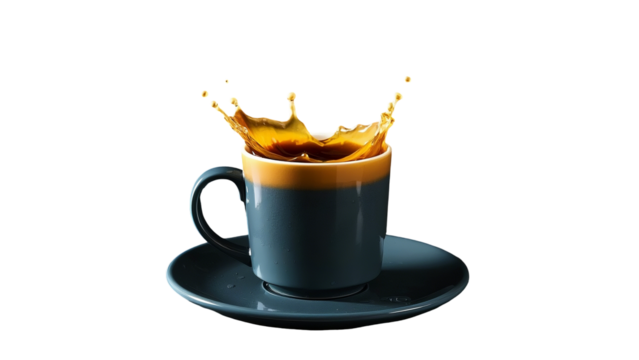 Coffee cup with coffee splash  liquid splash, water droplets, wet surface,  PNG file isolated on transparent background,
