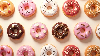 Fototapeta premium Sweet Surrender: An array of colorful donuts, each exquisitely glazed and garnished, promises a moment of pure indulgence and culinary delight.