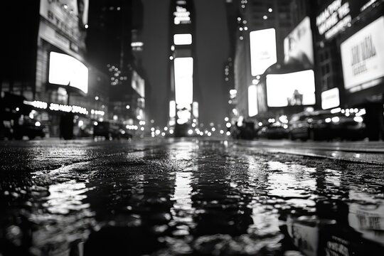 Fototapeta City street at night, wet pavement