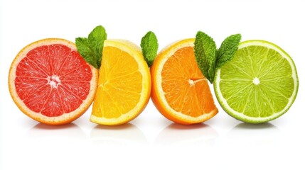 Fresh citrus fruits in slices with green mint leaves show red, yellow, orange and green colors on white background