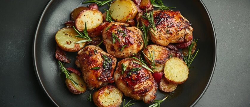 Roasted chicken thighs and potatoes with herbs.