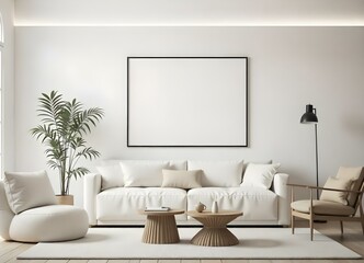 A white couch with pillows, a blank frame hanging on the wall, a plant on the left side, a table in the middle, in a living room