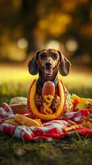 Dachshund in a hot dog costume at a picnic