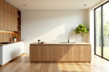 Modern minimalist kitchen design with natural wood island and cabinetry, bathed in sunlight streaming through large window