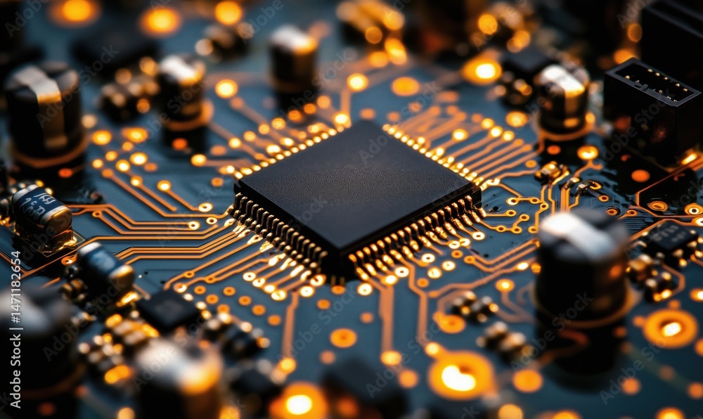Poster close-up of microchip on circuit board with glowing components and intricate wiring