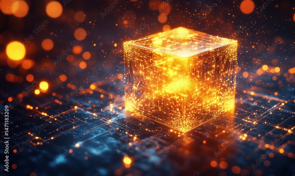 Poster glowing digital cube with vibrant particles and glowing circuitry background