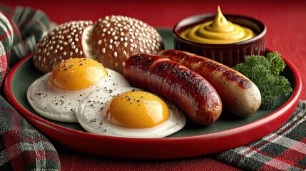 Appealing plate of german sausages and eggs with mustard perfectly arranged for a flavorful breakfast experience