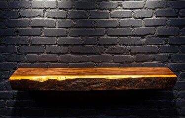 Wooden shelf against dark brick wall