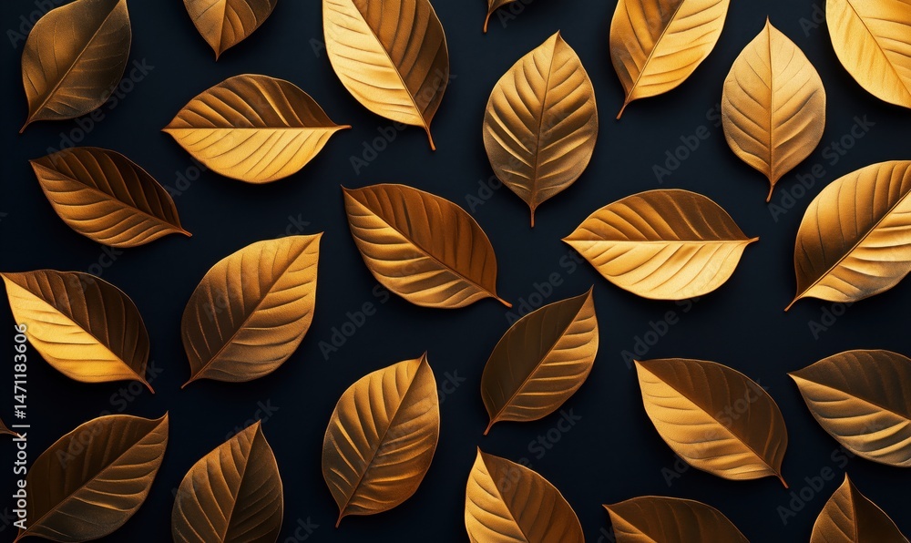 Poster golden leaves pattern on dark background for elegant design projects