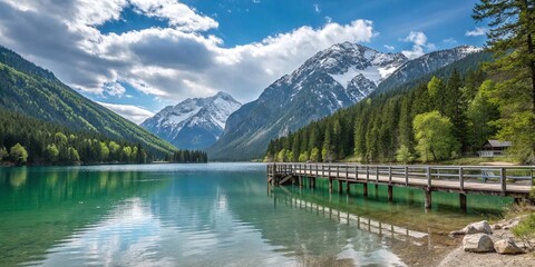 Scenic Mountain Lake with Snow-Capped Peaks and Forest Reflections under a Cloudy Blue Sky