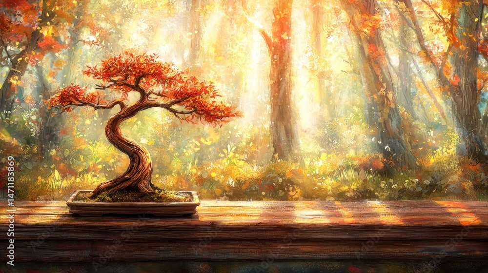Poster sunlight streams through a forest, illuminating a bonsai tree.