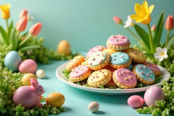 Obraz premium Pastel Easter Cookies on a Plate with Spring Flowers and Decorated Eggs