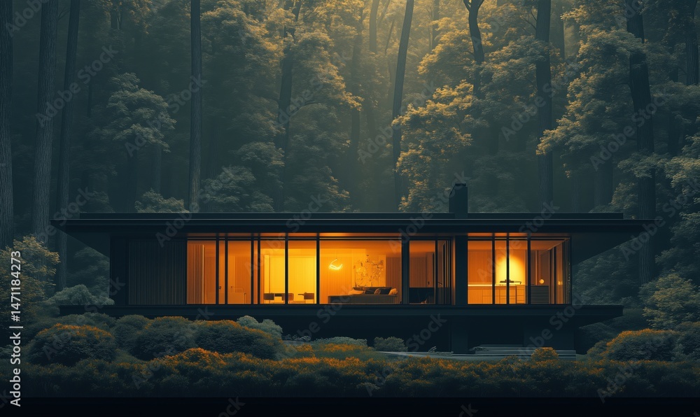 Poster modern house illuminated in forest setting with warm glow and serene atmosphere