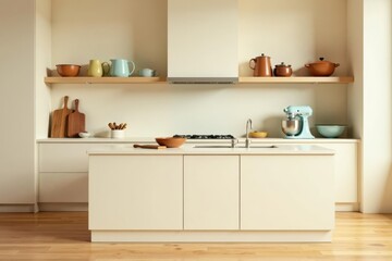 Fototapeta premium Modern minimalist kitchen island with cream cabinetry and a light wood floor featuring pastel-toned cookware and kitchen tools