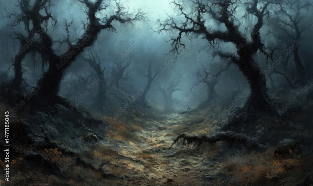 Poster mysterious foggy forest path with twisted trees and eerie atmosphere