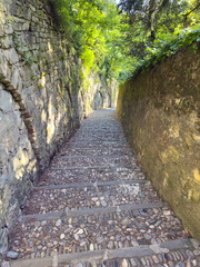 Bergamo, Italy. The ancient stone stairs that lead from the lower city (new city) to the old one
