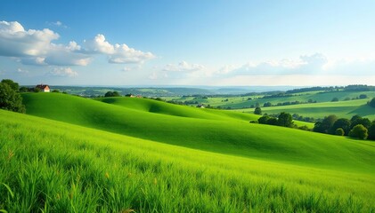 Fototapeta premium Picturesque Estonian countryside, rolling hills and lush green fields , sun, country, flora